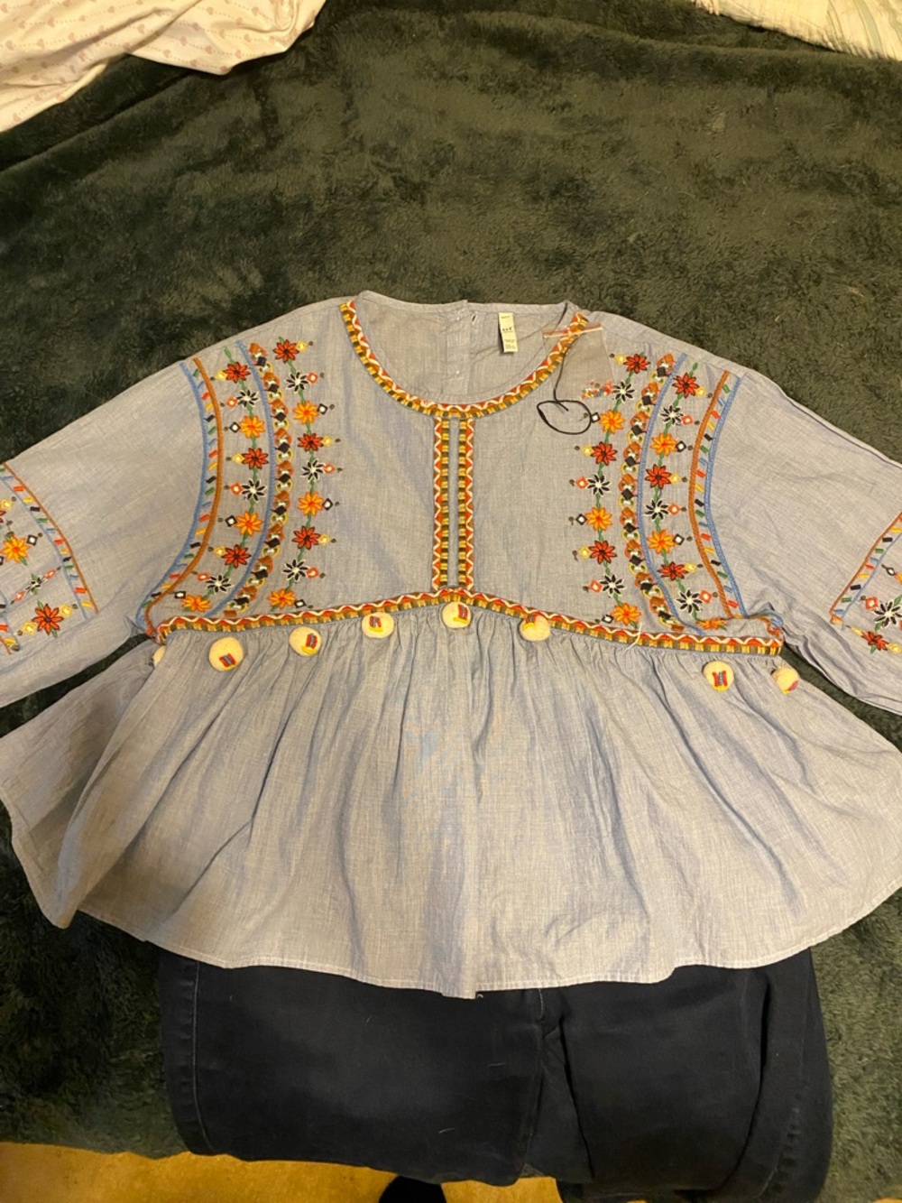 Zara Light Blue Embroidered Peplum Blouse with Orange Floral Trim